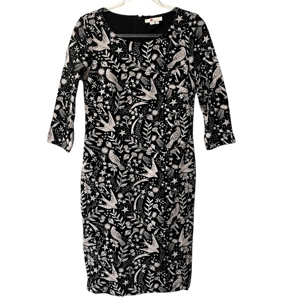 Boden Winifred Black Mystic Woodland Birds Knee Length Sheath Size 6L - Picture 3 of 11